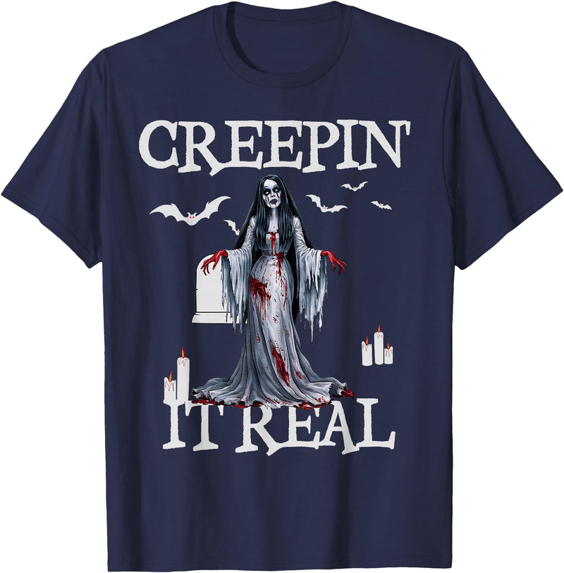 Horror Zombie Girl Halloween Pin Up Costumes Creeping It Real Zombie Lazy Halloween Costume Pinup Girl T-Shirt - Navy Blue