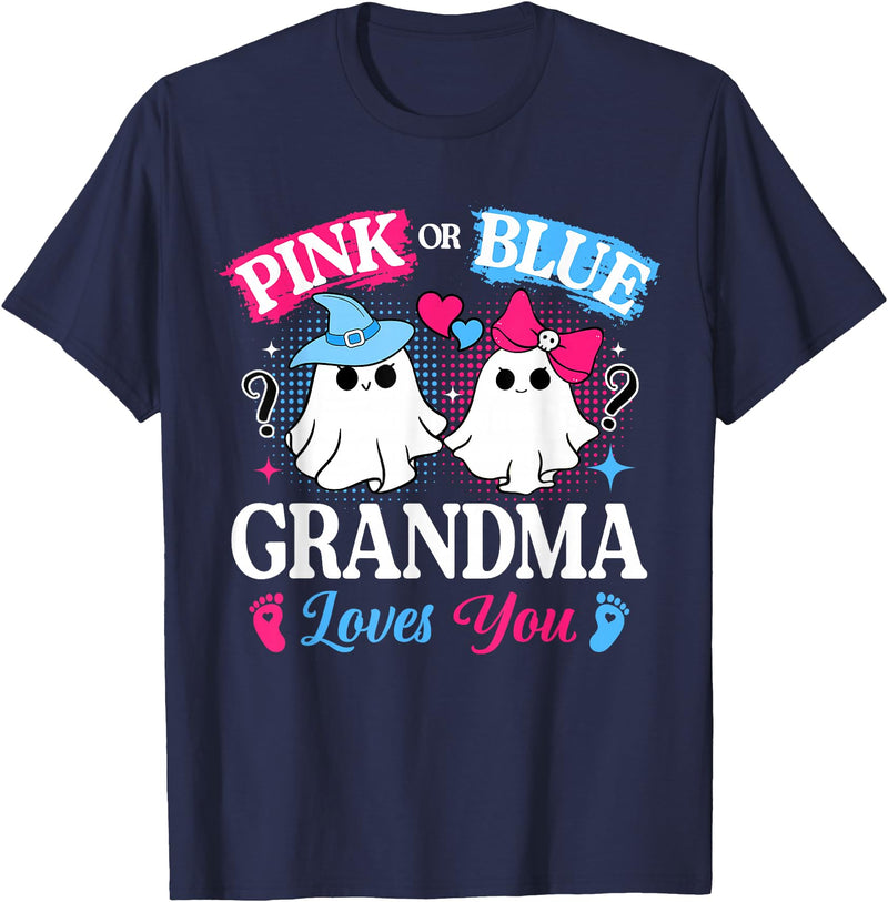 Halloween Ghost Baby Gender Reveal Family Matching Pink or Blue Grandma Loves You Gender Reveal Halloween T-Shirt - Navy Blue