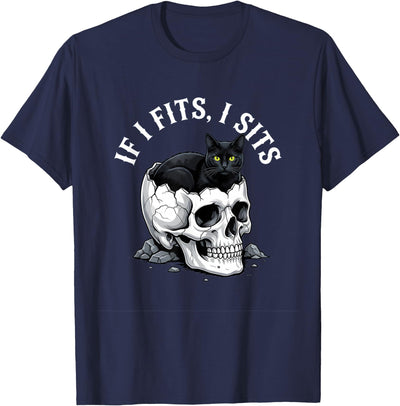 Gothic Cat Lover Funny Black Cat Humor Apparel If I Fits I Sits Black Cat Skull Funny T-Shirt