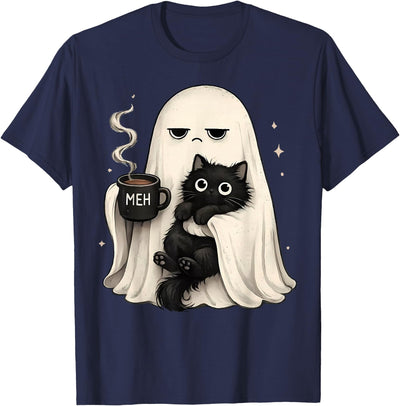 Ghost Drinking Coffee Holding Black Cat Halloween Ghost Holding Black Cat Cozy Hot Latte Spooky Halloween T-Shirt