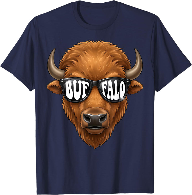 generic Buffalo with Sunglasses Wildlife Graphic for Men Women Kids T-Shirt - Navy Blue