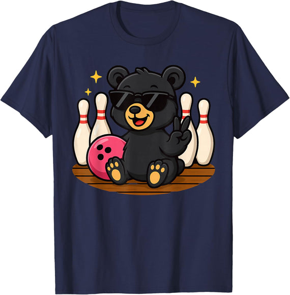Cute Bear With Sunglasses Playing Bowling Tee For men women T-Shirt - Navy Blue