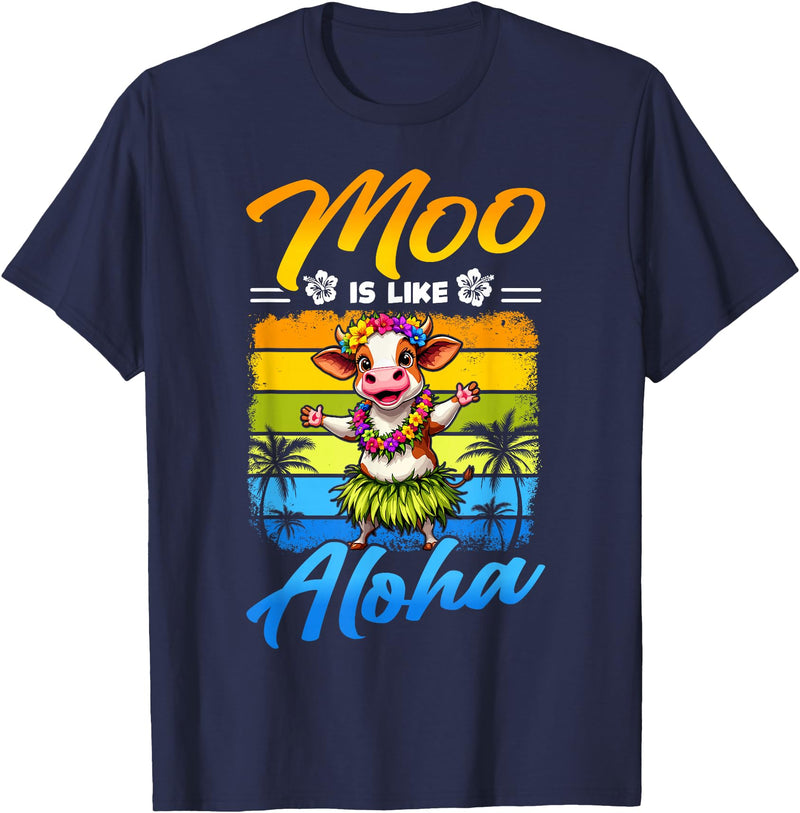 Aloha Animal Hawaii Flower Chain Hula Dance Art Hawaii Animal Haku Lei Grass Skirt Hula Dance Aloha Cow T-Shirt - Navy Blue