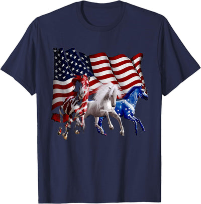 Happy 4th Of July American Flag Red White Horse And Blue T-Shirt