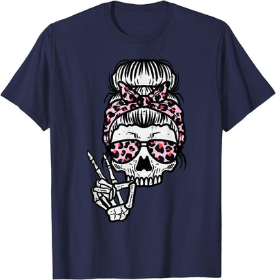 Cute Womens Halloween Shirts For Girls Kids Skeleton Skull Hairbun Leopard Halloween Costume Women Mom T-Shirt
