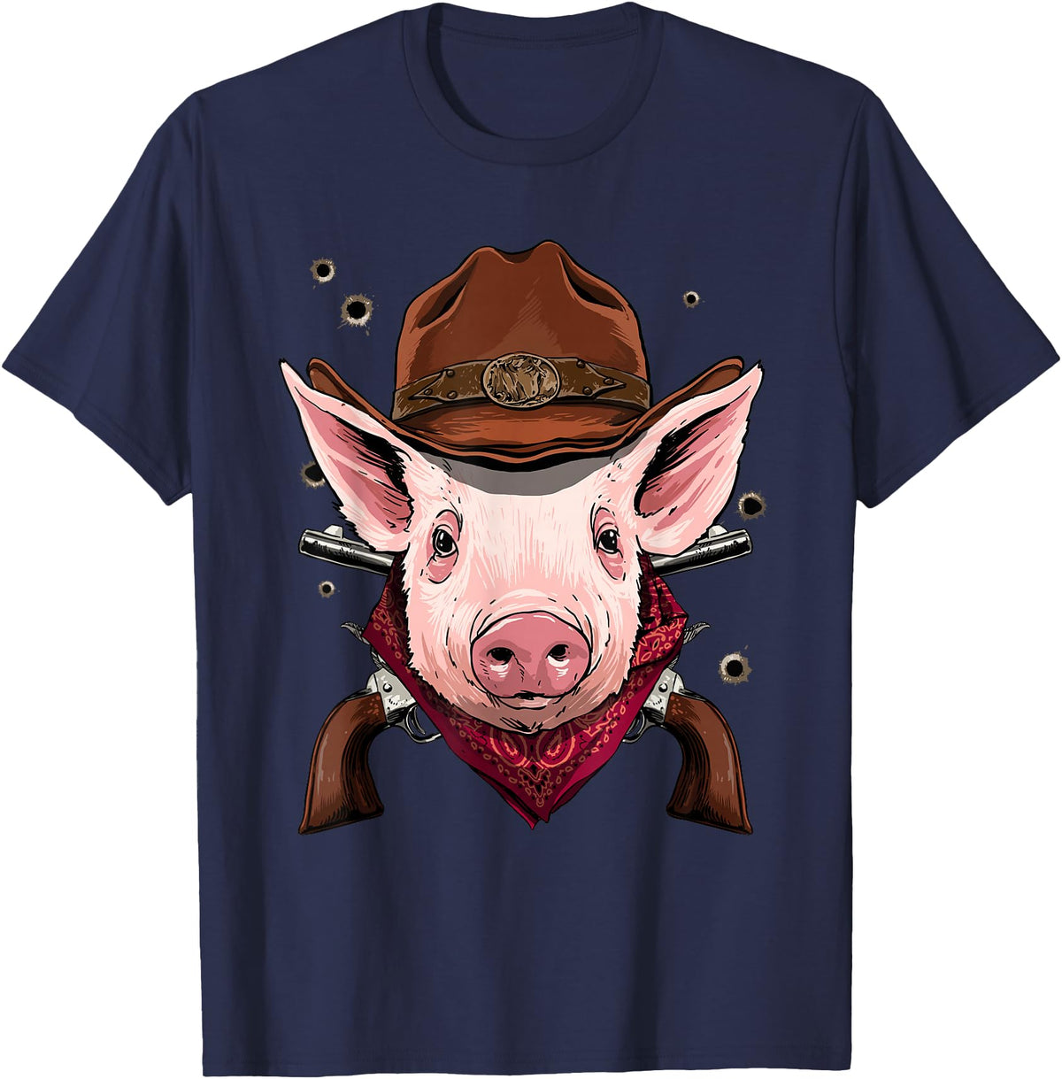 Wowsome! Cowboy Pig Western Rodeo Cowboy Hat and Bandana T-Shirt - Navy Blue