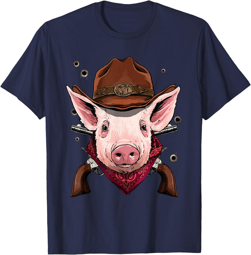 Wowsome! Cowboy Pig Western Rodeo Cowboy Hat and Bandana T-Shirt - Navy Blue