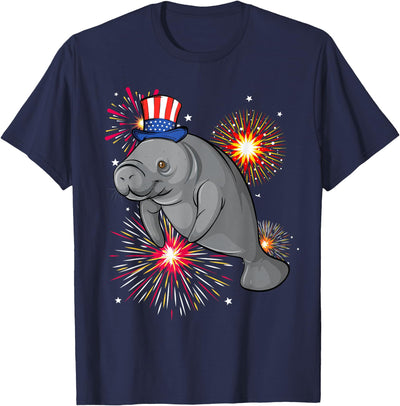 Cow 4th of July Manatee Marine Biologist Patriotic Fireworks T-Shirt