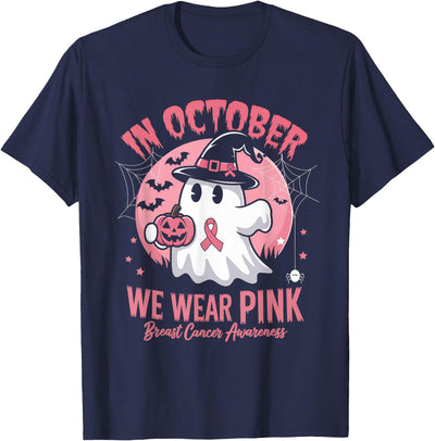 In October We Wear Pink Ghost Tees Breast Cancer Shirts Women Halloween October Wear Pink T-Shirt