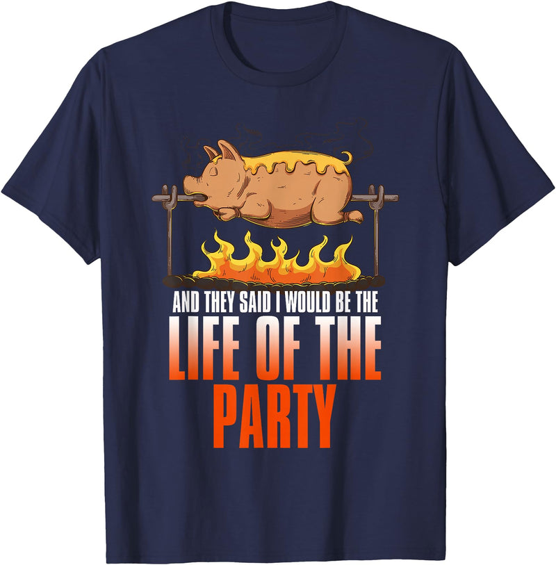 BBQ Season Smoke Meat Dad Grill Gifts Funny Saying Roasted Pig Rotisserie Pork Lover Food Pun Tee T-Shirt - Navy Blue