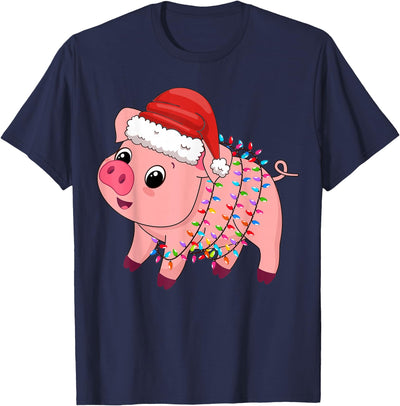 Christmas Lights Pig Wearing Xmas Hat - Pig Lover Farmer T-Shirt