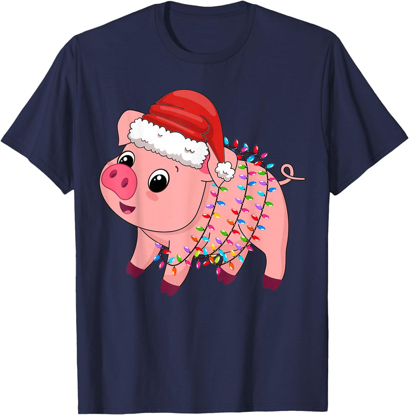 Pig Christmas Gifts Men Women Kids Co. Christmas Lights Pig Wearing Xmas Hat - Pig Lover Farmer T-Shirt - Navy Blue