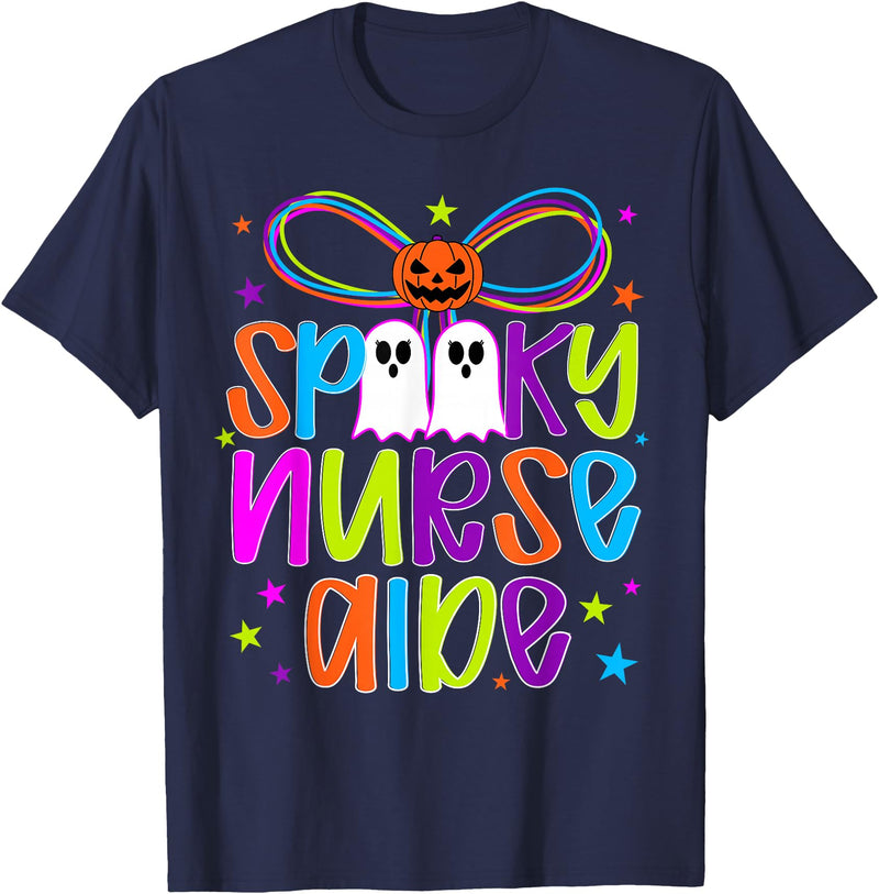 Coquette Halloween Nurse Aide Ghost Spooky Nurse Aide Halloween Nursing Aide Preppy T-Shirt - Navy Blue