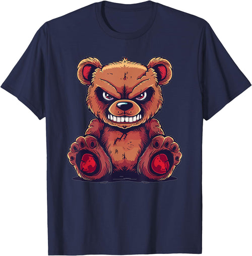 Cartoon Teddy Art I Grumpy Teddy Evil Teddy Bear T-Shirt - Navy Blue