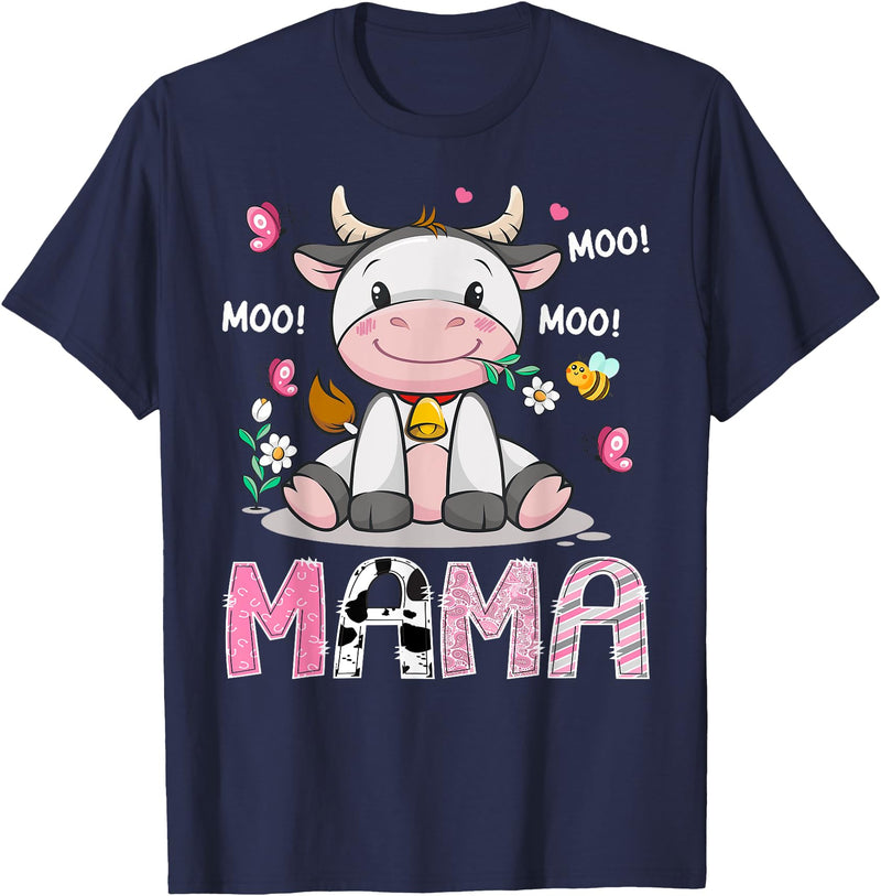 Pink Birthday Girl Party Cow Lover Mama Cute Cow Pink Farm Moo Moo Birthday Girl Matching T-Shirt - Navy Blue