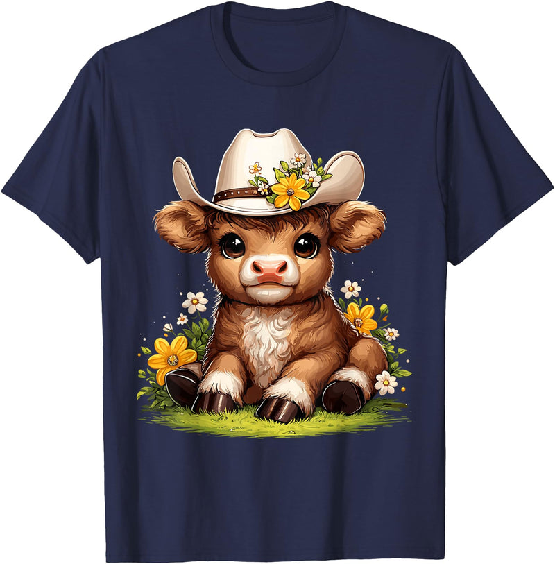 Cute Scottish Highland Cow Lovers Scottish Highland Cow Flowers Cattle Hairy Cow T-Shirt - Navy Blue