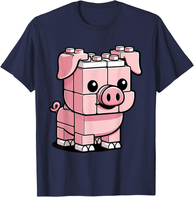 Funny Pink Brick Pig Building Blocks Farm Animal Character T-Shirt