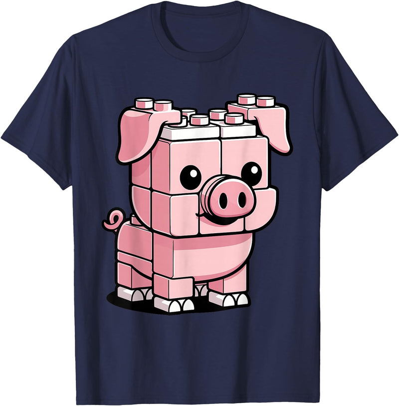 BlockPals DM Funny Pink Brick Pig Building Blocks Farm Animal Character T-Shirt - Navy Blue