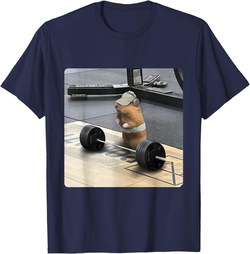 Hamster Deadlift Training Funny Cute Rat Weightlifting Meme T-Shirt - Navy Blue