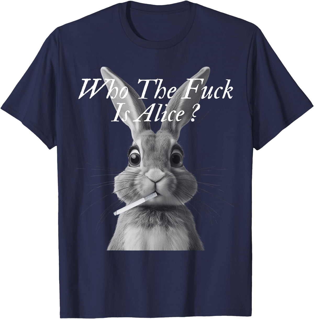 Retro Who the F_ck Is Alice Funny Rabbit T-Shirt in Navy Blue