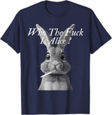 Retro Who the F_ck Is Alice Funny Rabbit T-Shirt in Navy Blue