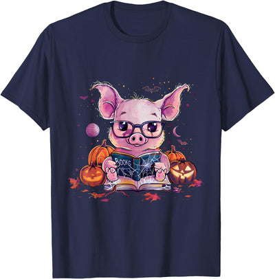 Funny Halloween Costume Party Art Pig Halloween Costume Pumpkin Witchcraft Book Reading T-Shirt