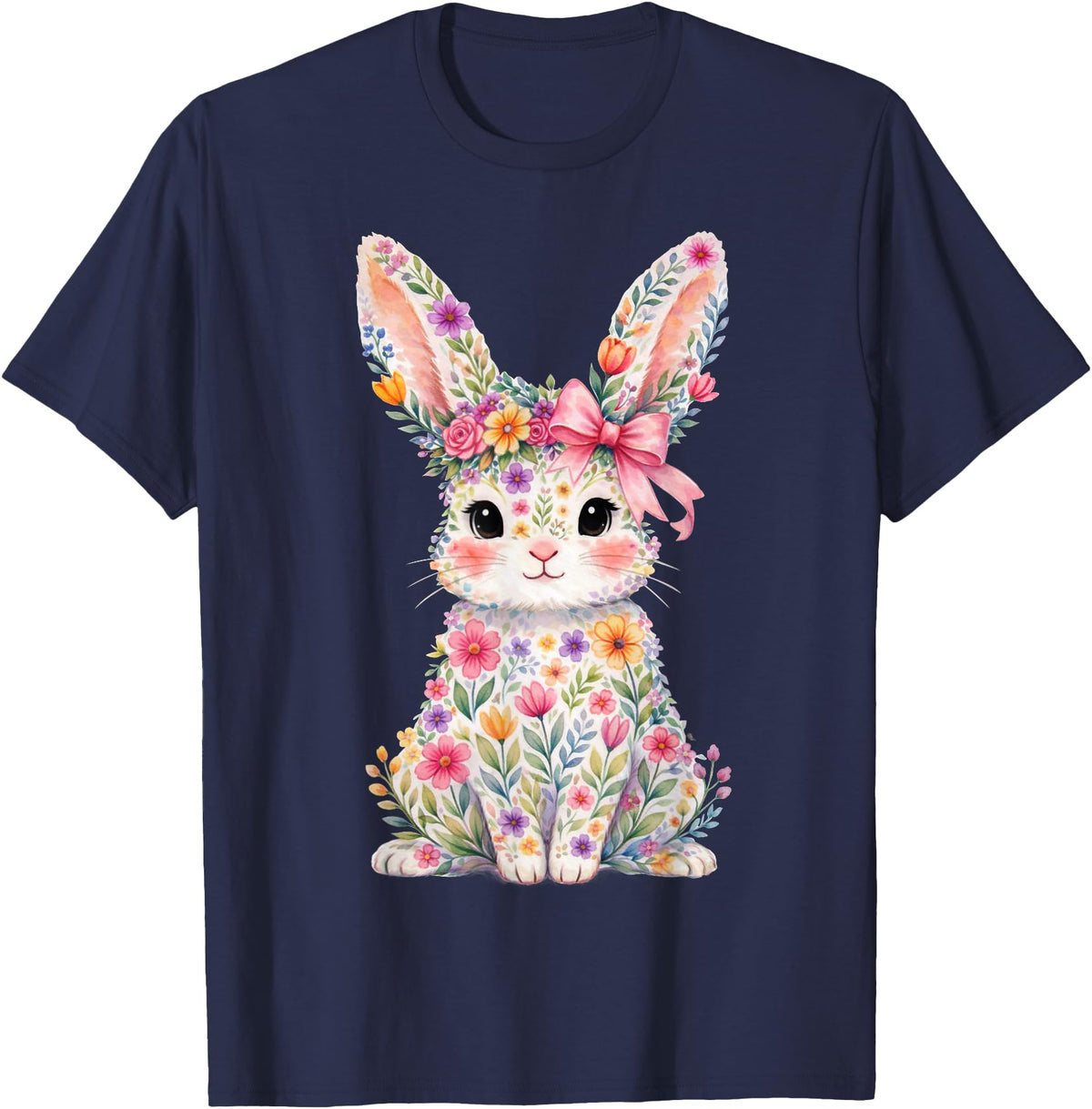 Cute Pink Flower Bunny Rabbit Happy Easter Women Girls T-Shirt in Navy Blue