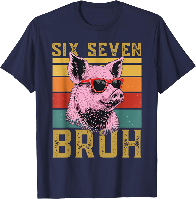6 7 Pig Funny Animal Apparel Funny Pig 67 6 7 six Seven Meme Animal Retro Design T-Shirt - Navy Blue