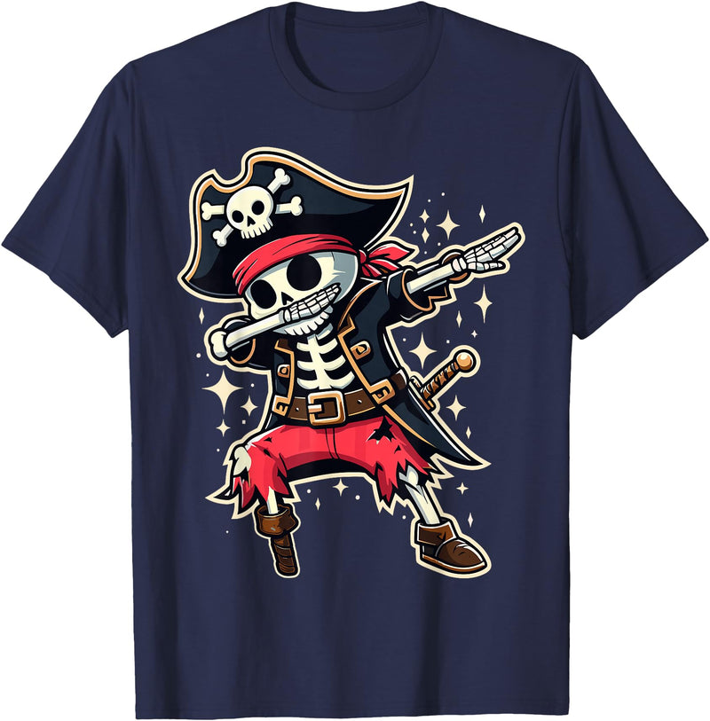 Halloween Pirate Dab Dabbing Pirate Skeleton Funny Halloween T-Shirt - Navy Blue
