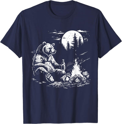 Camping Bear Drinking Beer Hiking Nature Funny Grizzly Bear T-Shirt