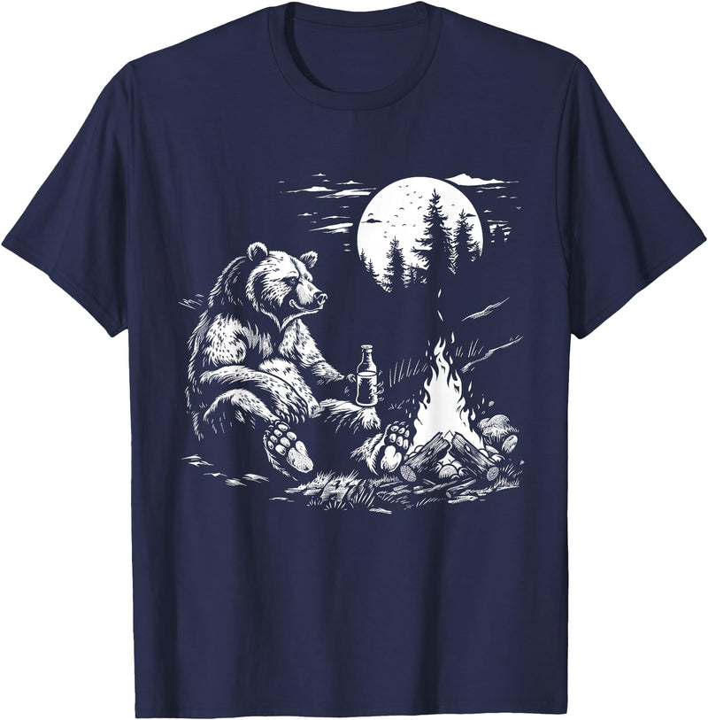 Camping Grizzly Bear Camping Bear Drinking Beer Hiking Nature Funny Grizzly Bear T-Shirt - Navy Blue