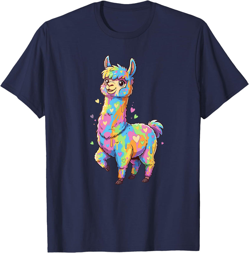Rainbow Llama Love Pastel Hearts Kawaii Colorful Rainbow Heart Llama Kawaii Cute T-Shirt - Navy Blue