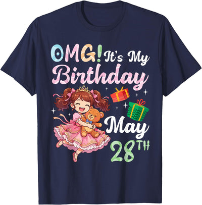 OMG It's My Birthday Born On May 28th Girl with Present Bear T-Shirt
