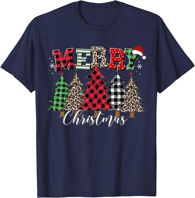 Merry Christmas Leopard Buffalo Red Plaid for Men Women T-Shirt - Navy Blue