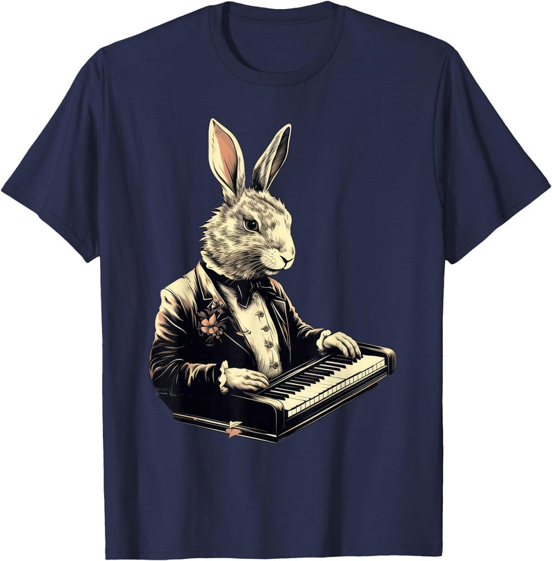 Cute Rabbit Bunny Playing Piano Rabbits Musician Music T-Shirt in Navy Blue