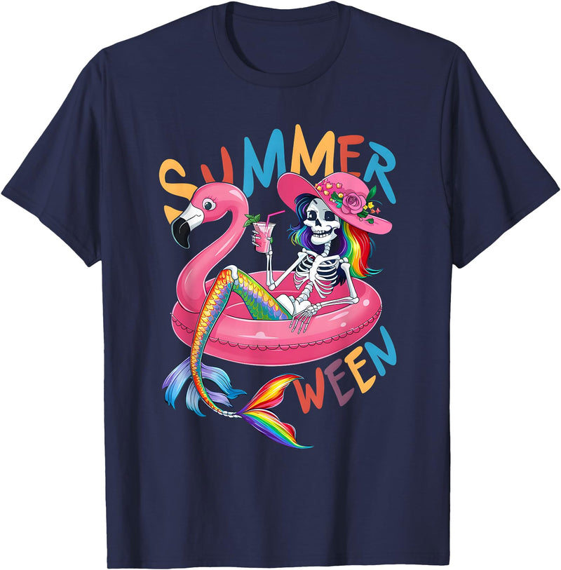 Summer Halloween Summerween Summerween Mermaid Skeleton Flamingo Summer Halloween Women T-Shirt - Navy Blue