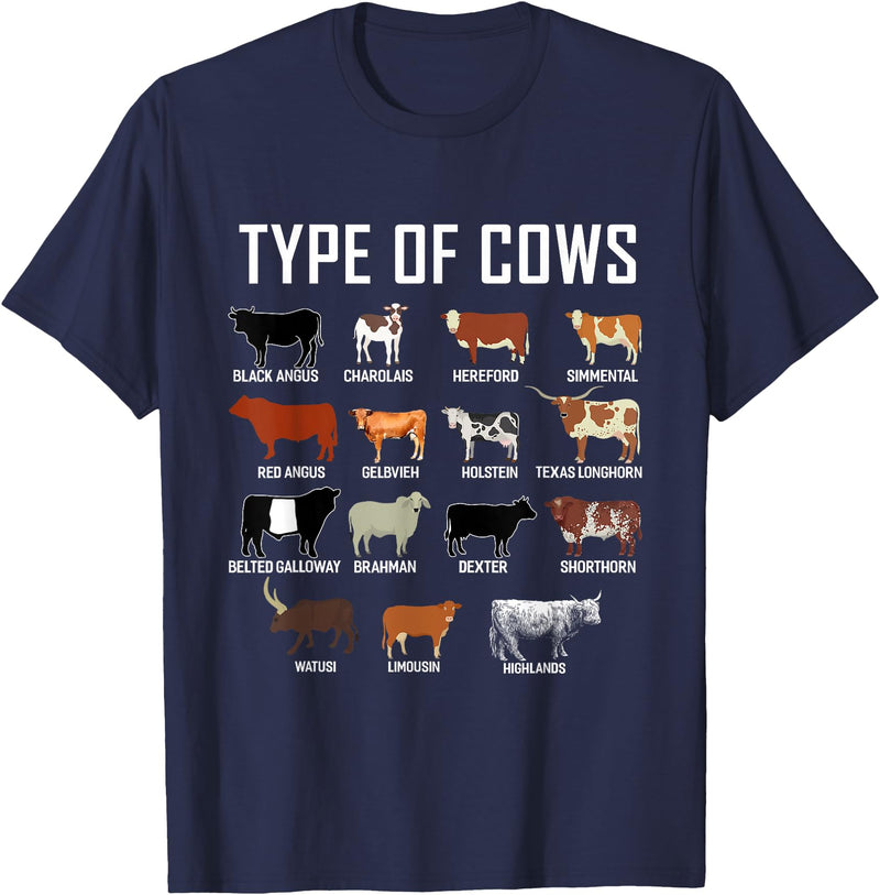 COW Designs By ShirtZilla Types of Cows Shirt Farmer Tee Shirt Costume Cow T-Shirt - Navy Blue