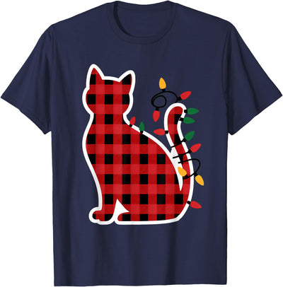 Red and Black Buffalo Plaid Cat Christmas Lights T-Shirt