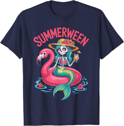 Summerween Spooky Summer Party Halloween Girls Skeleton Mermaid Flamingo Spooky Summer Party Summerween T-Shirt