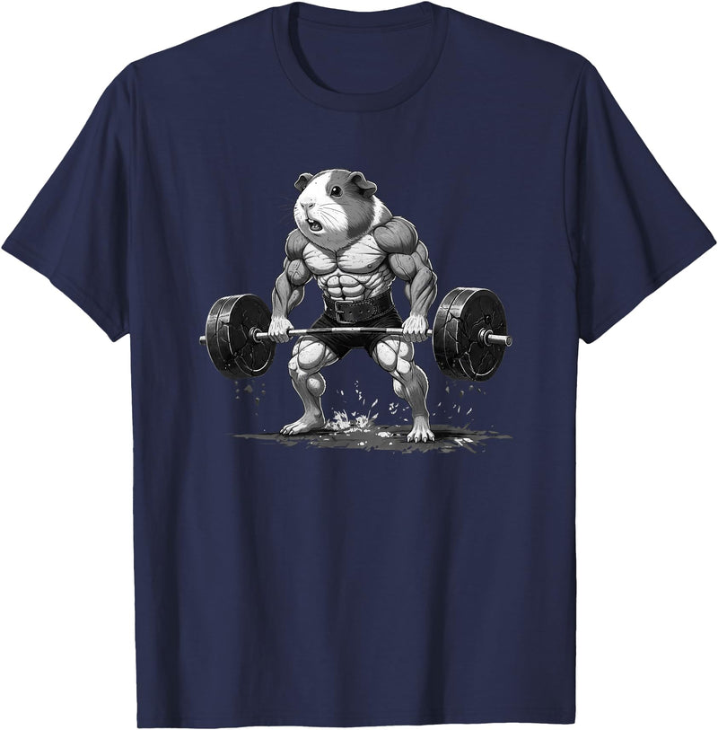 Strong Guinea Pig Lifting Fitness Workout Cool Muscular Guinea Pig Bodybuilder Fitness Power Gym T-Shirt - Navy Blue