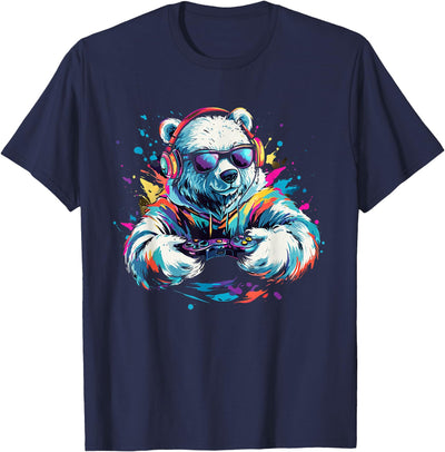 Gaming Polar Bear Colorful Headset Art Gamer Polar Bear T-Shirt