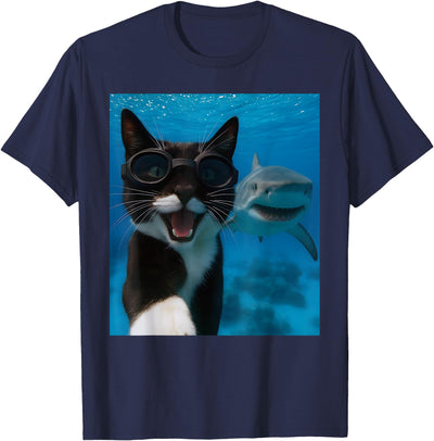 Selfie Tuxedo Cat and Shark Summer Scuba Diving Funny Tuxedo Cat Selfie with Shark Ocean Lovers T-Shirt