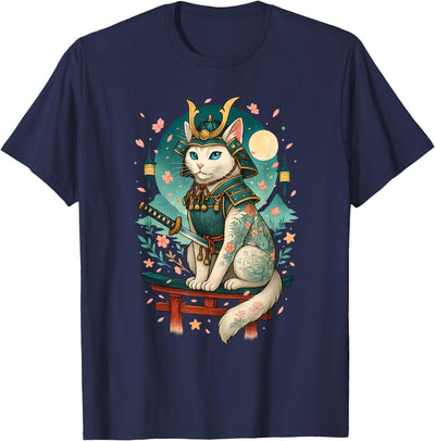 Samurai Japanese Culture Cat lover Apparel Co. Japanese Cat Cherry Blossom Samurai Moonlight T-Shirt