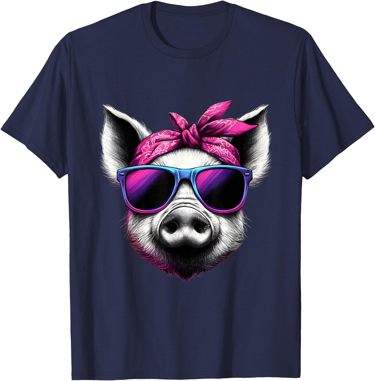 Fashionable Animals Wearing Pink Bandanas Pig Wearing Pink Bandana Headband and Sunglasses T-Shirt - Navy Blue