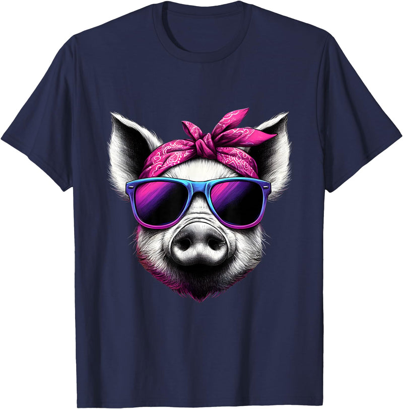 Fashionable Animals Wearing Pink Bandanas Pig Wearing Pink Bandana Headband and Sunglasses T-Shirt - Navy Blue