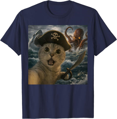 Vintage Internet Meme Humor Cute Animal Cat Lovers Funny Pirate Cat Selfie with Sea Monster Octopus and Shark T-Shirt