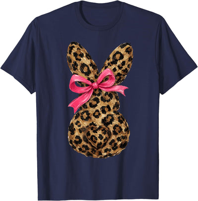 Leopard Print Bunny Silhouette with Pink Bow T-Shirt