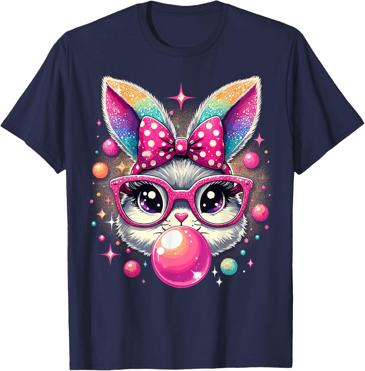 Happy Easter Bunny Tie Dye Coquette Bow Rabbit Face Easter T-Shirt - Navy Blue