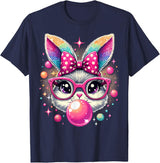 Happy Easter Bunny Tie Dye Coquette Bow Rabbit Face Easter T-Shirt - Navy Blue