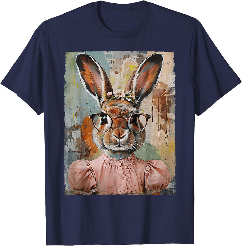Happy Easter Bunny Rabbit Flower Graphic Art Girl Women T-Shirt in Navy Blue